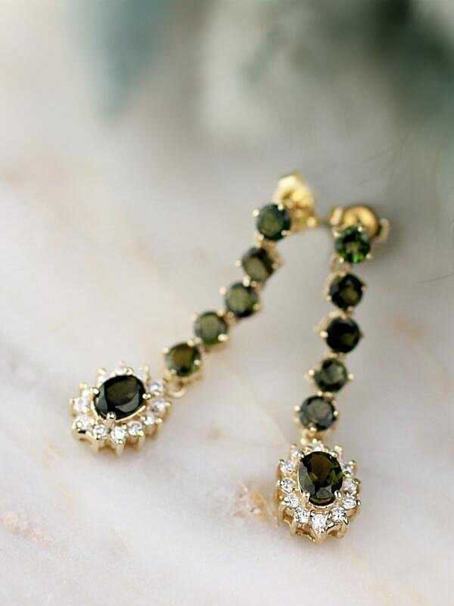 Stones & Gold Earrings | Green Tourmaline And Diamond Halo Dangle Solid Gold (14Kw) Colored Stone Earrings