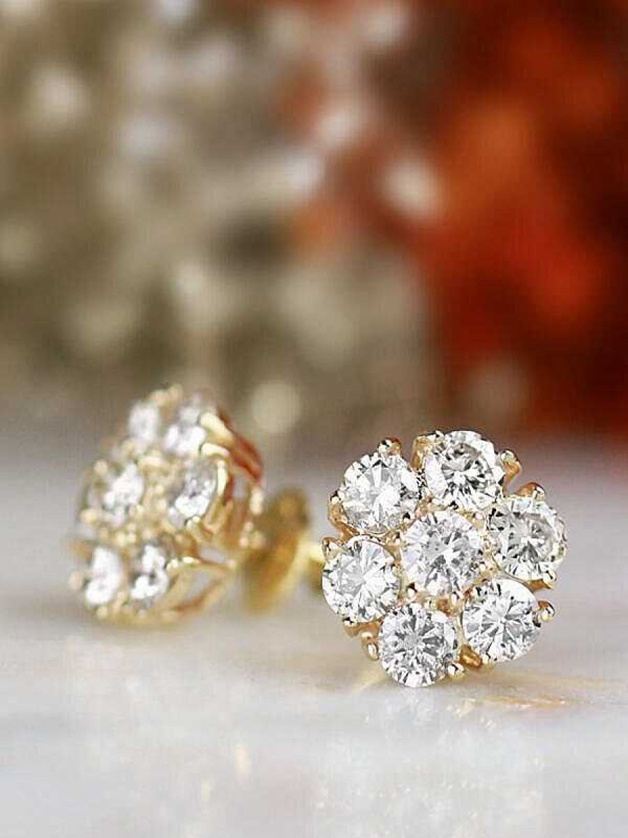 Stones & Gold Earrings | 2.35Ct Natural Diamond Large Cluster Solid 18 Karat Gold Earrings With Screw Back