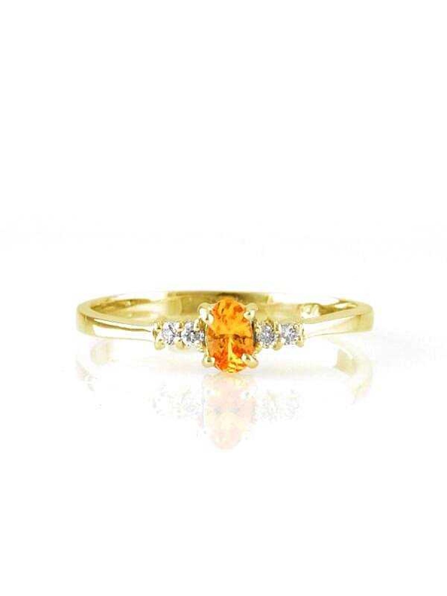 Stones & Gold Rings | 5X3Mm Mandarin Garnet And Diamond Engagement Solid Gold (14Ky) Colored Stone Wedding Ring