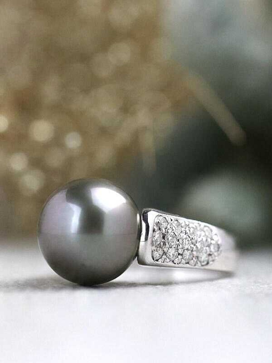 Stones & Gold Rings | 13Mm Tahitian Black Pearl Diamond Pave Solid 14 Karat Gold Cocktail Ring