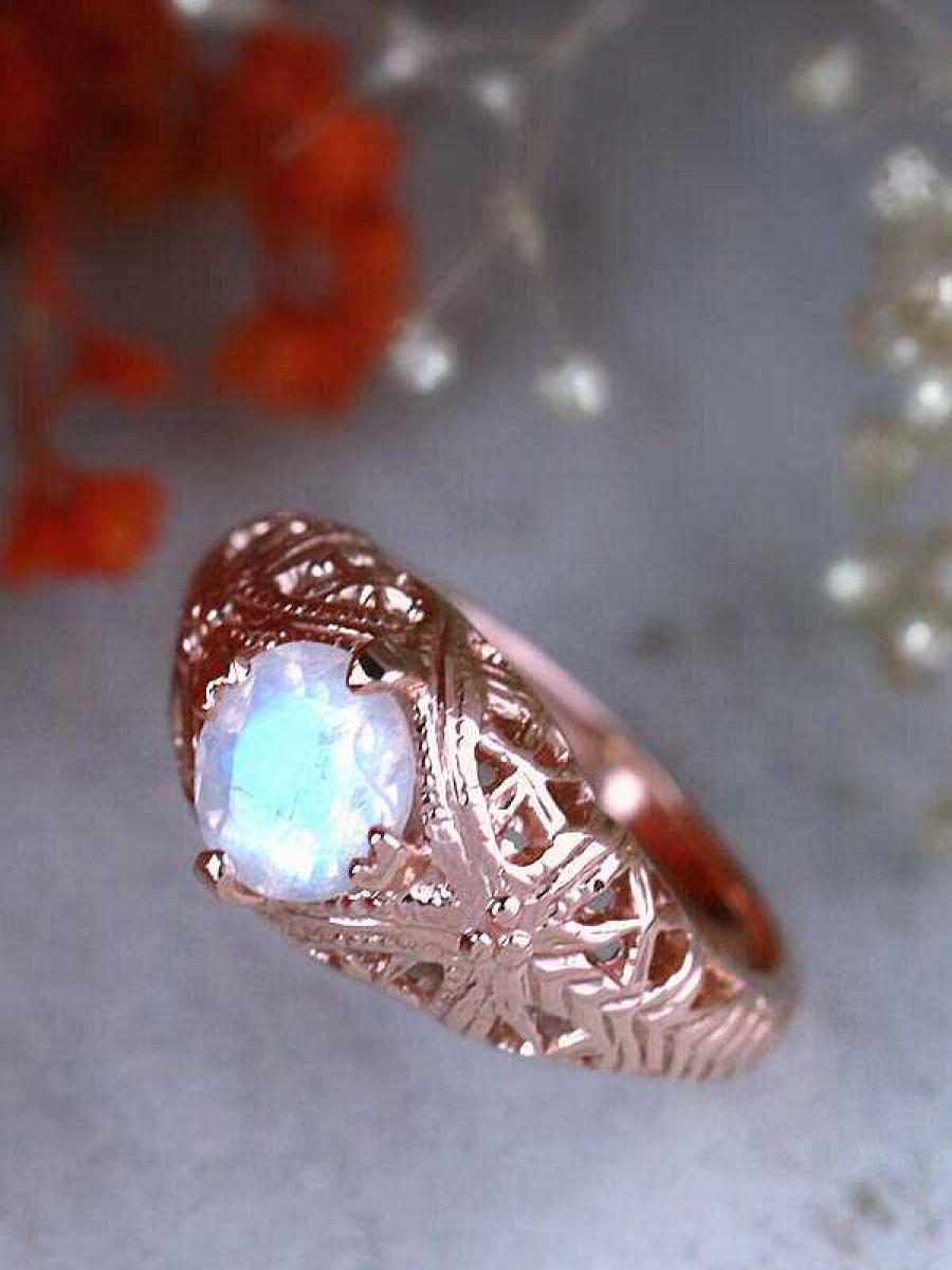 Stones & Gold Rings | Rainbow Moonstone Filigree Vintage Inspired Solid 14 Karat Engagement Ring