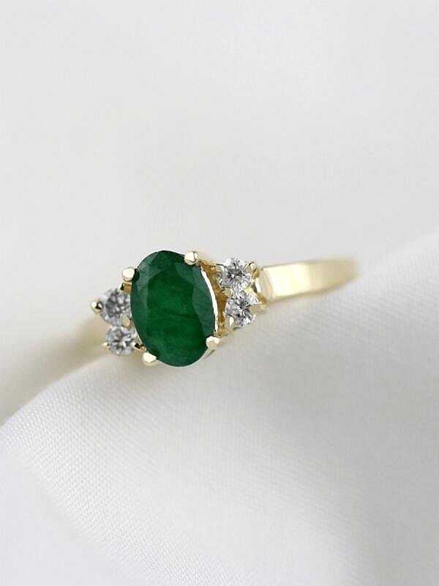 Stones & Gold Rings | 5X7Mm Emerald And Diamond Engagement Solid Gold (14Ky) Colored Stone Wedding Ring