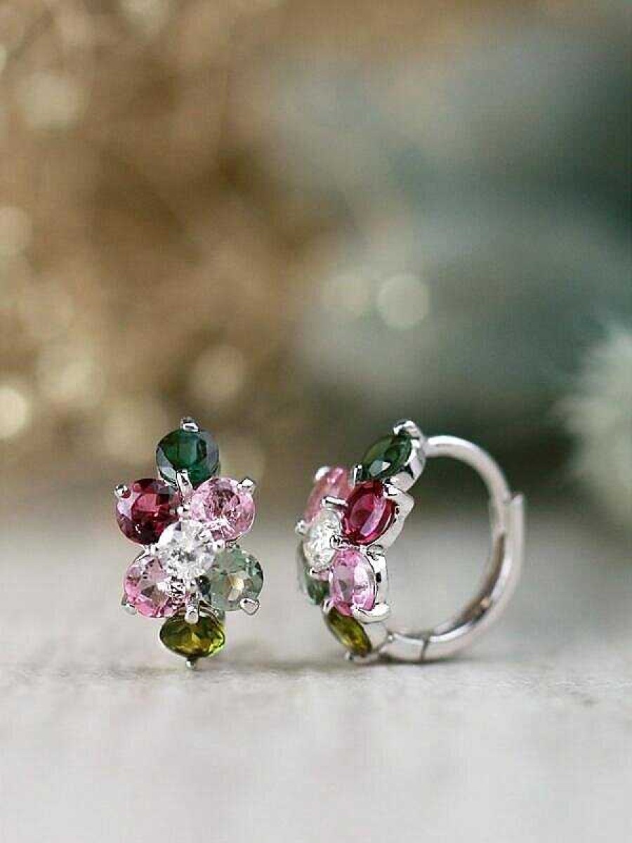 Stones & Gold Earrings | Natural Multicolor Tourmaline And Diamond Cluster Solid 14 Karat Gold Huggie Hoop Earrings