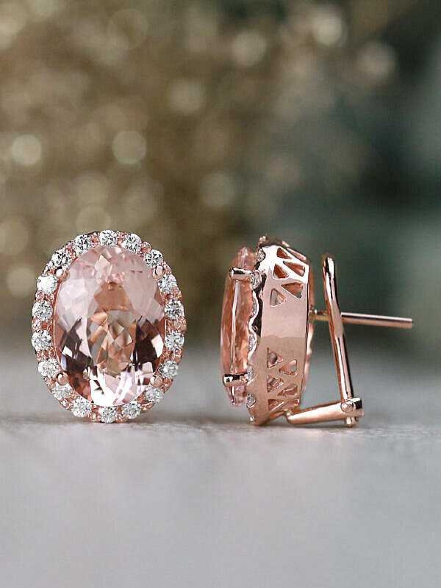 Stones & Gold Earrings | 14X10Mm Morganite And Diamond Halo Solid 14 Karat Gold French Clip Earrings