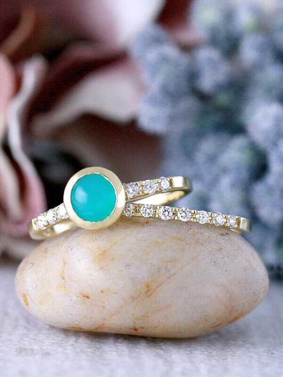 Stones & Gold Rings | One-Of-A-Kind Teal Cabochon Tourmaline And 1.5Mm Diamond Band Ring Set