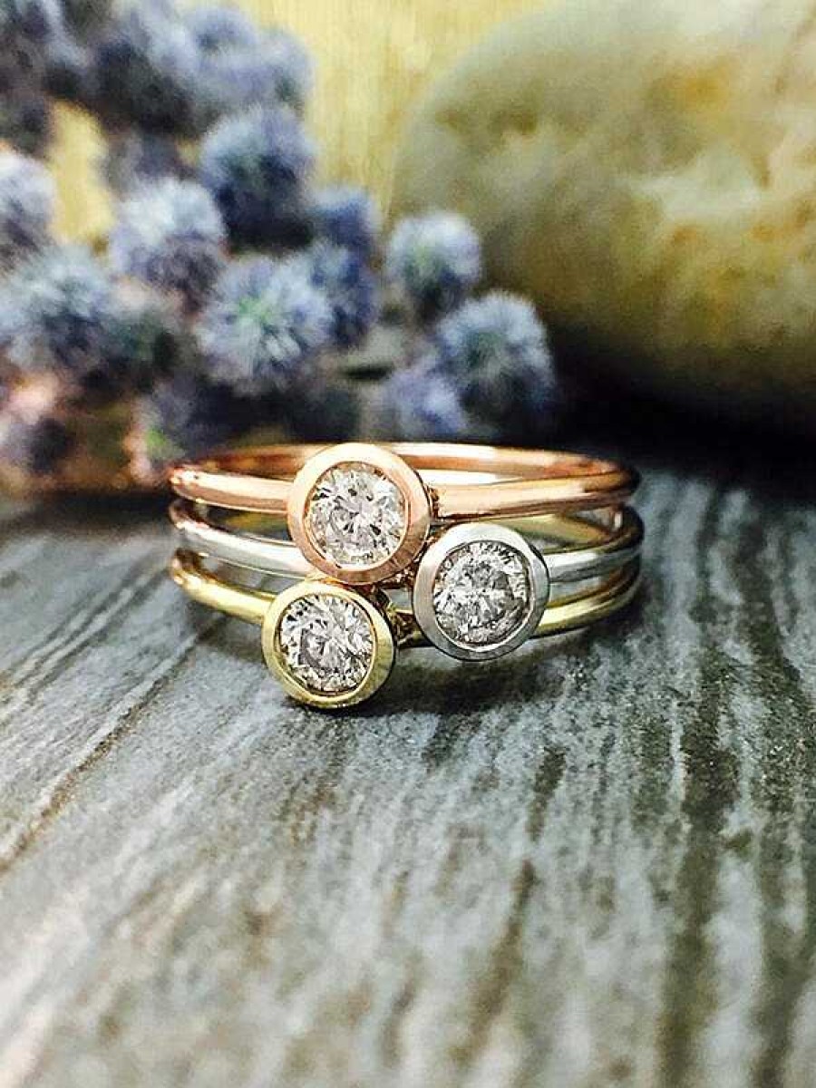 Stones & Gold Rings | Set: Diamond Solitaire Solid Tri-Tone Gold (14Kw, 14Ky, 14Kr) Stackable Rings 14K Tri-Tone