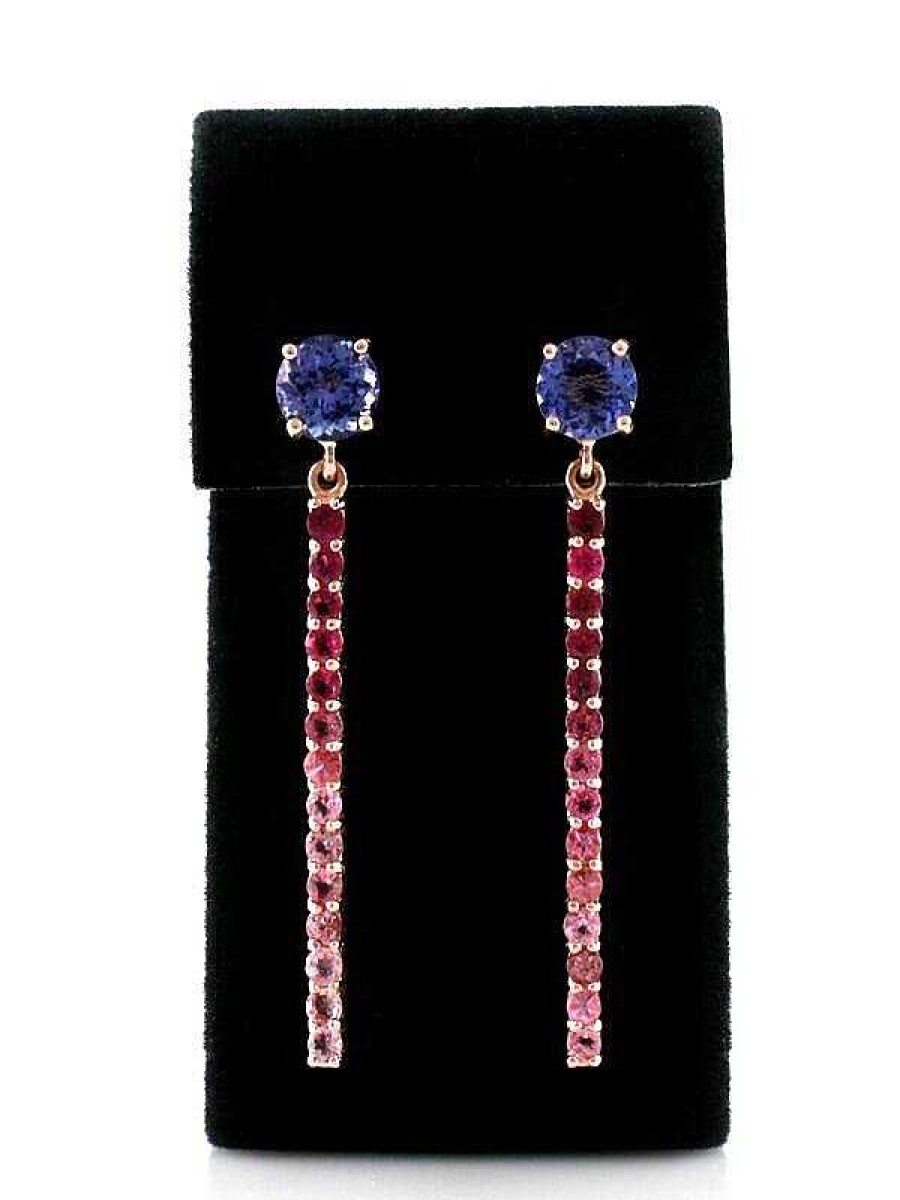 Stones & Gold Earrings | 2.80Ct Tanzanite With Natural Pink Ombre Solid 14 Karat Gold Bar Earrings