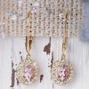 Stones & Gold Earrings | Morganite And Diamond Halo Chandelier Leverback Wedding Solid 14 Karat Gold Earrings