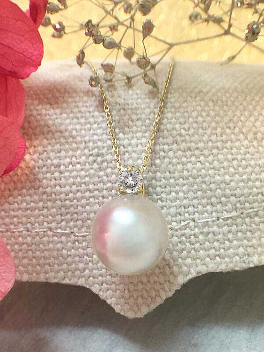 Stones & Gold Necklaces | 8Mm Pearl And Diamond Pendant Solid Gold (14Ky) With Bonus Solid 14Ky Chain Necklace