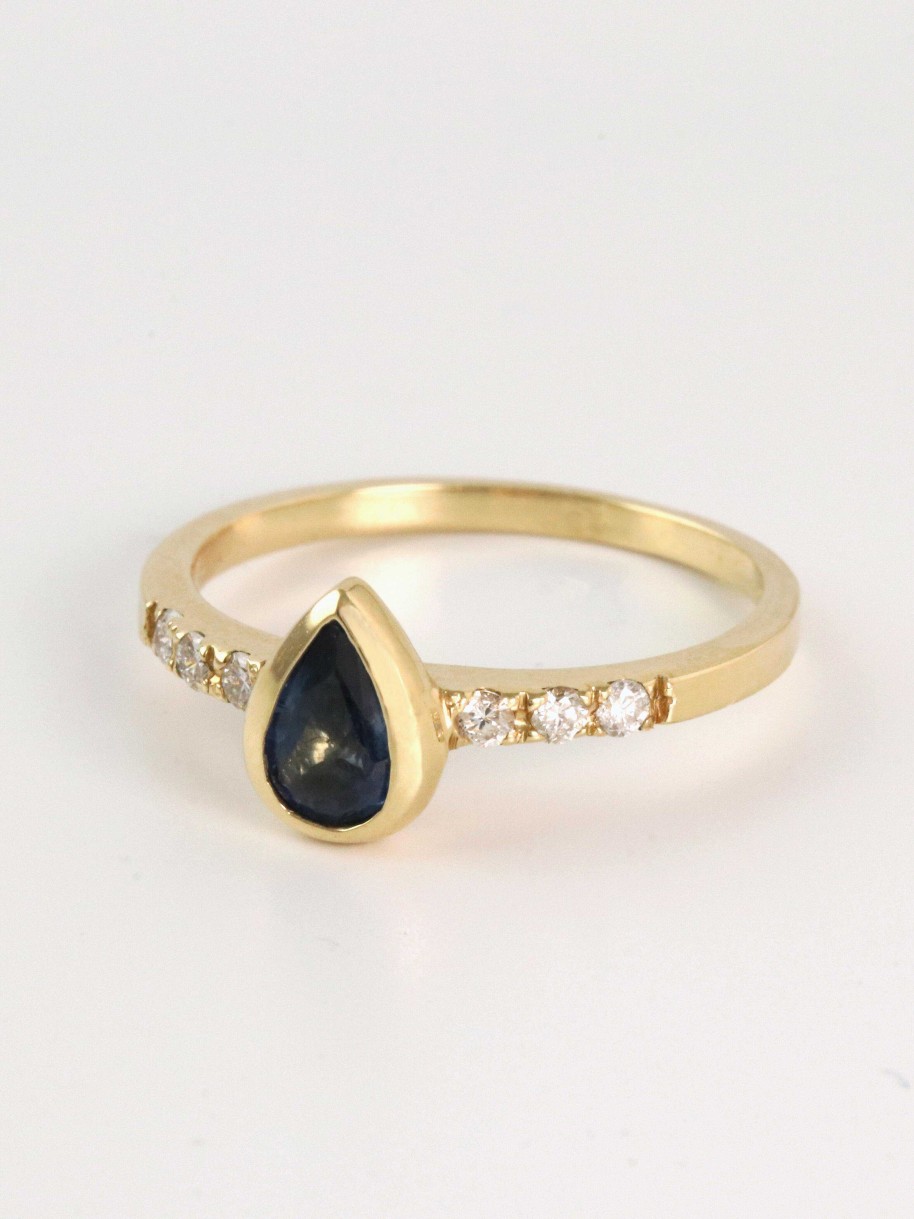 Stones & Gold Rings | Pear Shaped Blue Sapphire Bezel Engagement Ring