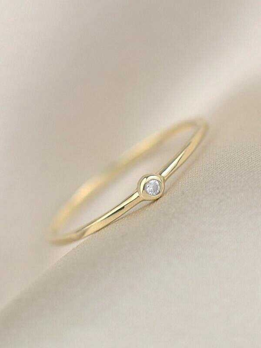 Stones & Gold Rings | 0.03Ct Diamond Solitaire Bezel Solid 14K Gold Stackable Ring