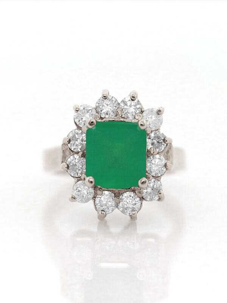 Stones & Gold Rings | 2.5Ct Natural Emerald With 1.23Ct Diamond Halo Solid 14 Karat Gold Cocktail Ring