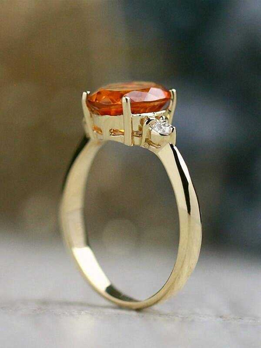 Stones & Gold Rings | 9X7Mm Citrine And Diamond Solid 14 Karat Gold Engagement Ring