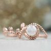 Stones & Gold Rings | Set: Moonleaf Diamond Matching Band + Bohemian Vine Round Rainbow Moonstone Solid 14 Karat Gold Engagement Ring