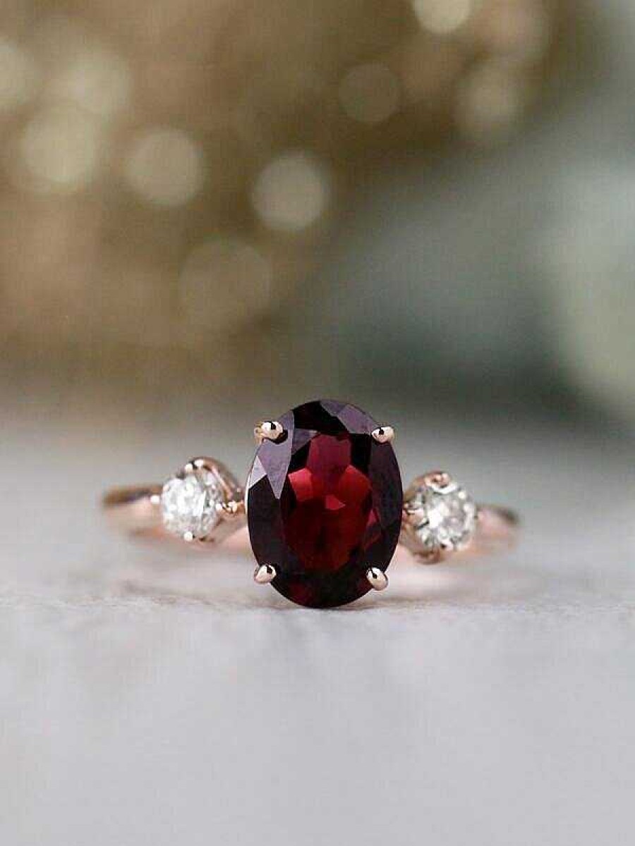 Stones & Gold Rings | 2Ct Oval Rhodolite Garnet And Diamond Solid 14 Karat Gold Rings