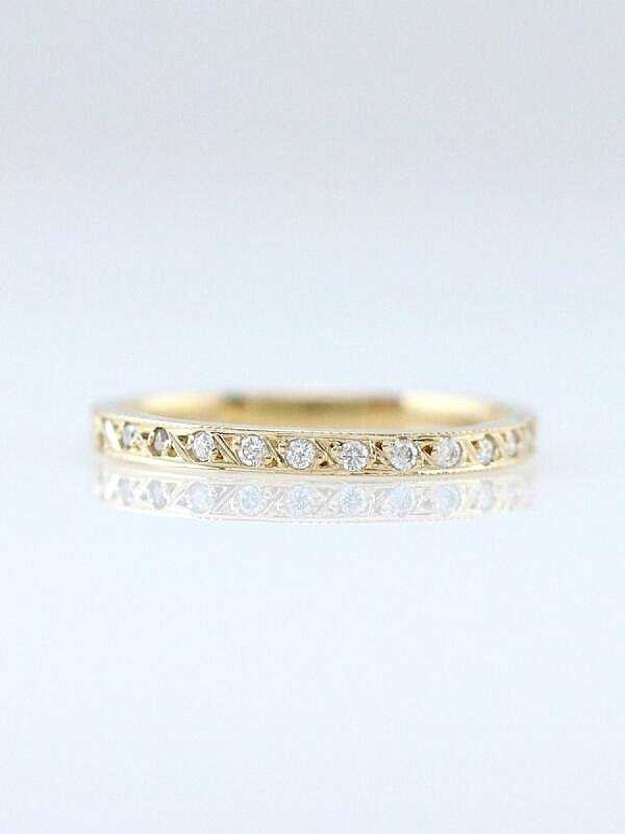 Stones & Gold Rings | 1.9Mm Diamond Pave With Filigree Etching Solid 14K Gold Wedding Band