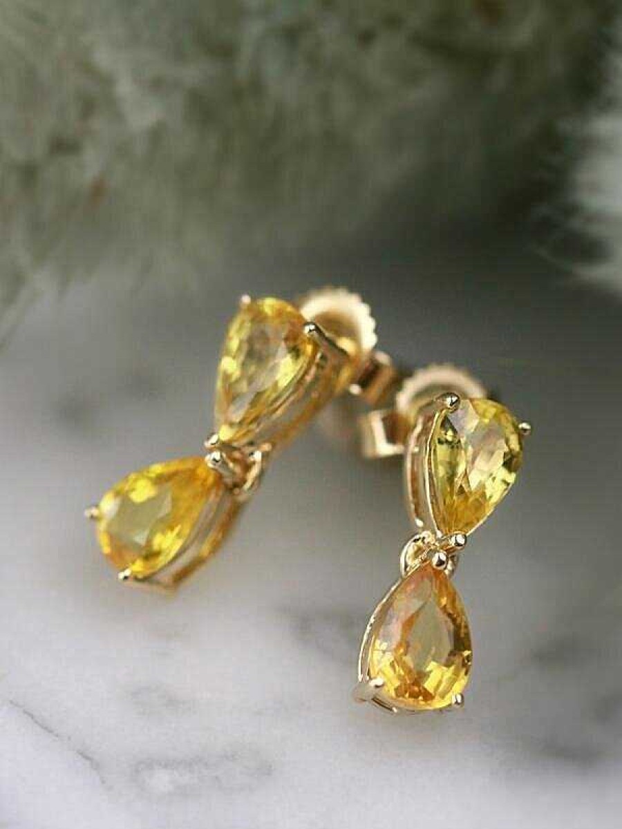 Stones & Gold Earrings | Natural Yellow Sapphire Teardrop Solid 14 Karat Gold Chandelier Earrings