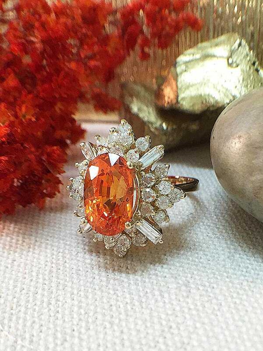 Stones & Gold Rings | 5.1Ct Mandarin Garnet Ring | 1.15Ct Diamonds | Solid Gold Ring