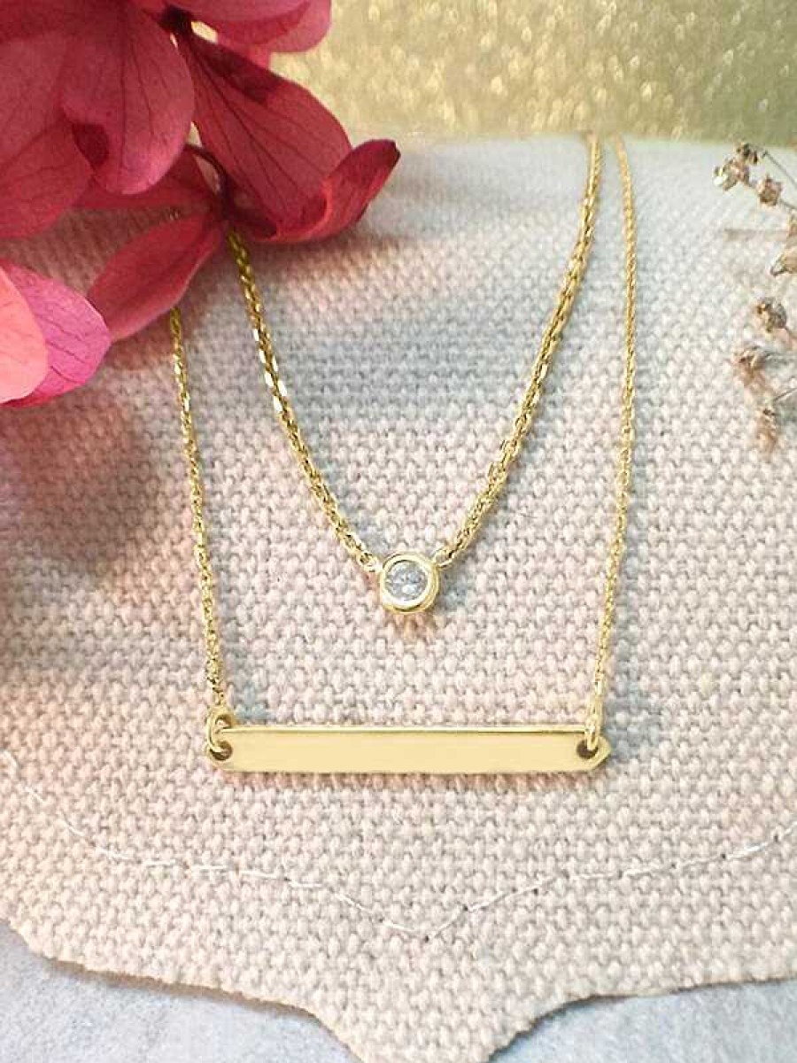 Stones & Gold Necklaces | Set: Diamond Pendant Solid Gold (14Ky) Necklace And Bar Solid 14Ky Chain Necklace