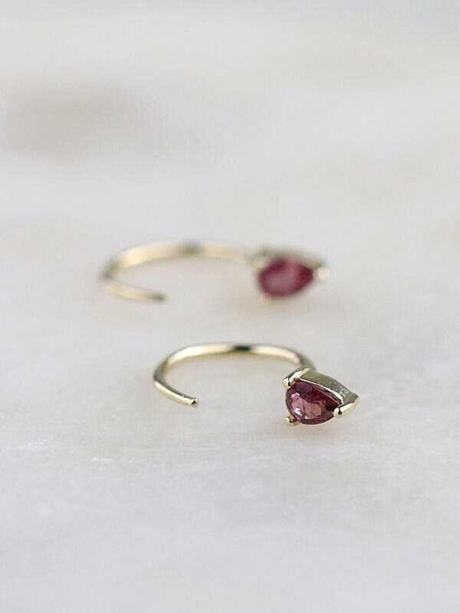 Stones & Gold Earrings | Pink Teardrop Tourmaline Solid 14K Gold Open Huggie Earrings