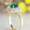 Stones & Gold Rings | 8X6Mm Natural Emerald And Double Diamond Cushion Halo Solid 14 Karat Gold Engagement Ring