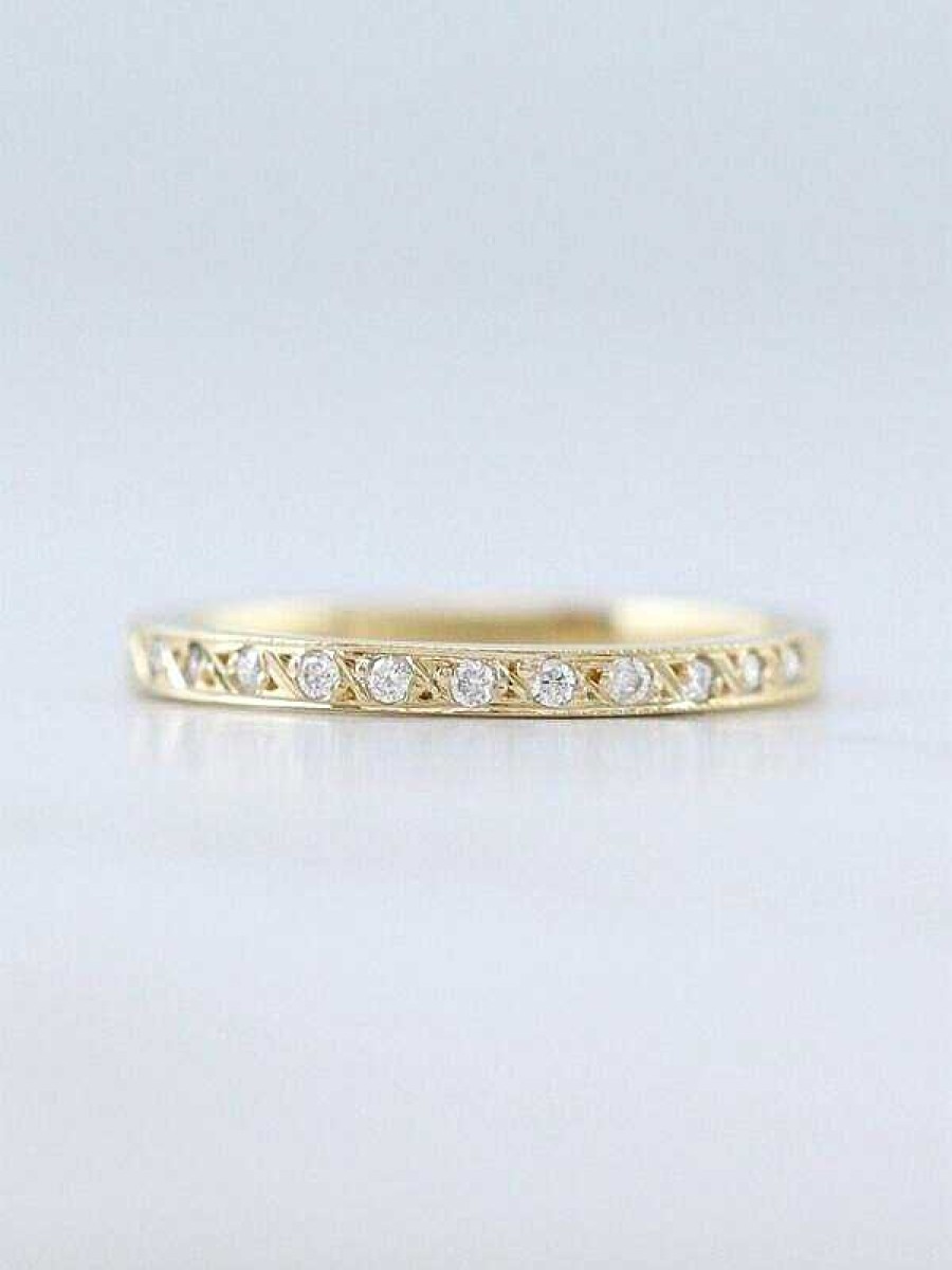 Stones & Gold Rings | 1.9Mm Diamond Pave With Filigree Etching Solid 14K Gold Wedding Band