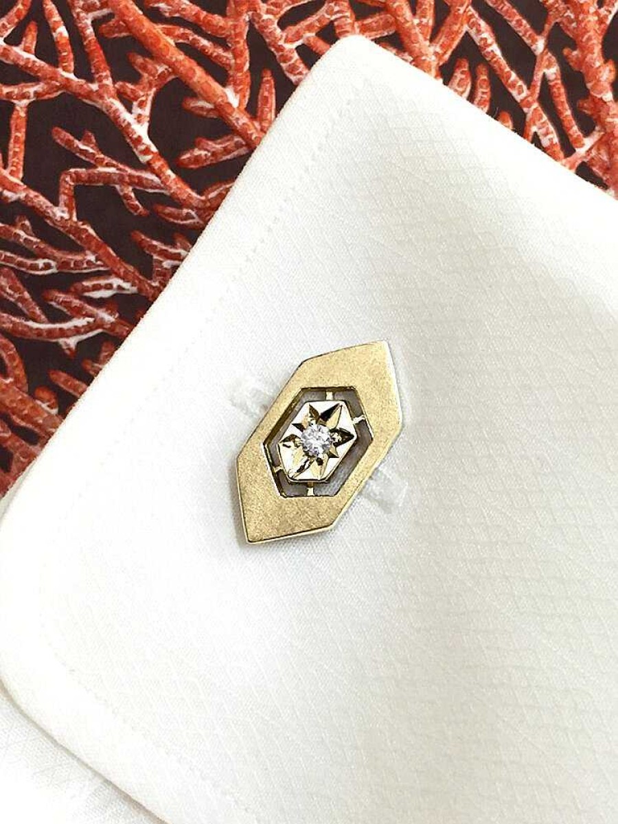 Stones & Gold Cuff Links | Diamond Satin Finish Solid Gold (14Ky) Geometric Men'S Cufflinks