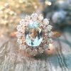 Stones & Gold Rings | Aquamarine And Diamond Halo Engagement Solid Gold (14Kw) Colored Stone Wedding Ring