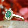 Stones & Gold Rings | Oval Emerald With Floral Patterned Halo 14 Karat Engagement Ring