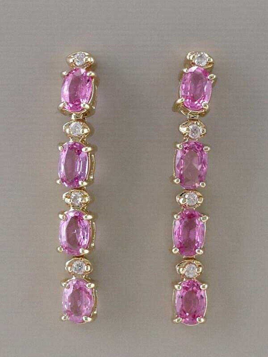 Stones & Gold Earrings | 6X4Mm Pink Sapphire And Diamond Solid 14K Gold Dangle Earrings