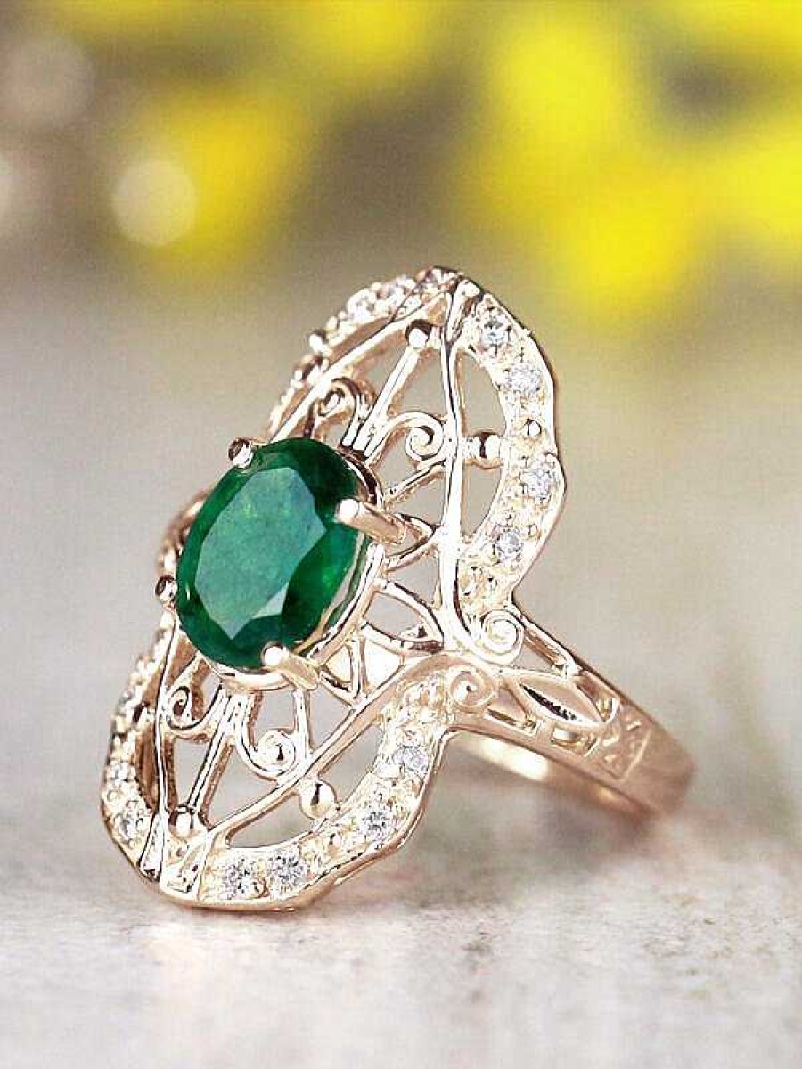 Stones & Gold Rings | 8X6Mm Natural Emerald And Diamond Art Deco Solid 14 Karat Gold Engagement Ring