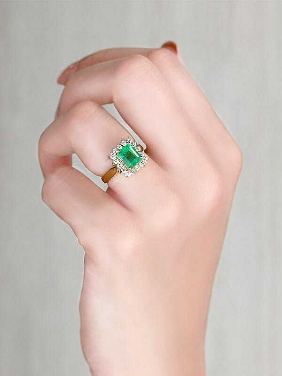 Stones & Gold Rings | 7.5X6Mm Natural Emerald And Emerald Cut Diamond Halo Solid 14 Karat Gold Engagement Ring