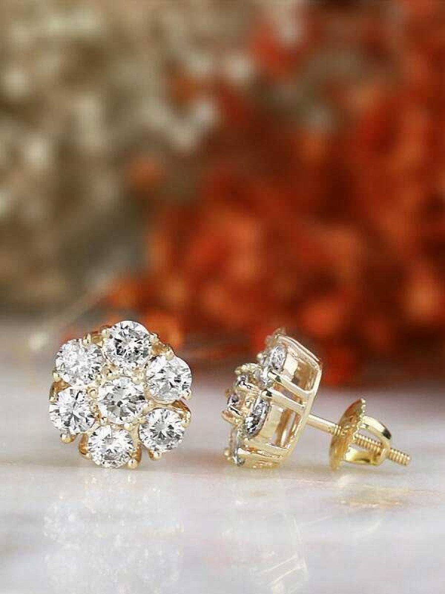 Stones & Gold Earrings | 2.35Ct Natural Diamond Large Cluster Solid 18 Karat Gold Earrings With Screw Back