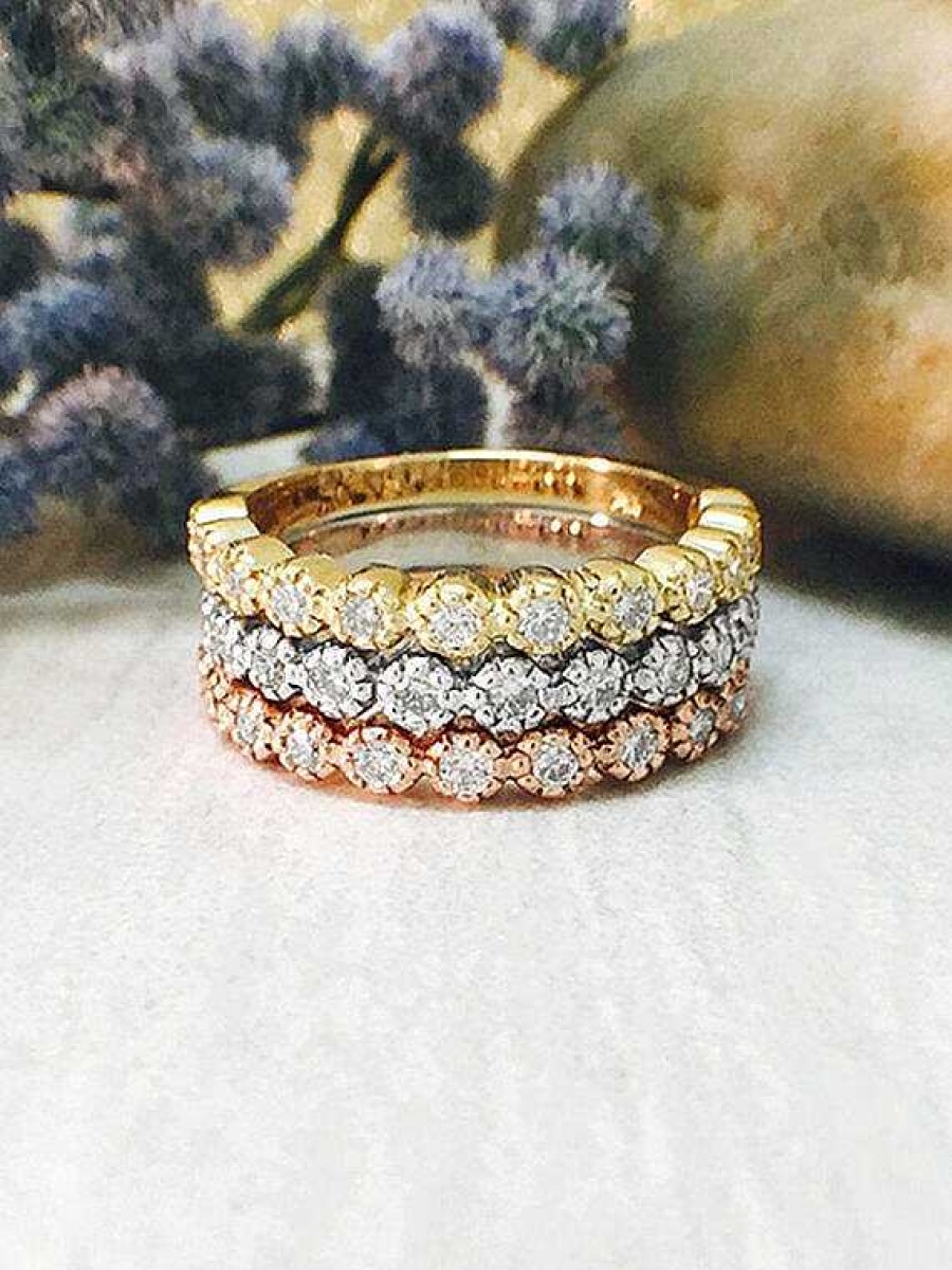 Stones & Gold Rings | Stackable Diamond Rings | Set Of Three Diamond Bands | 14K White, Yellow, And Rose Gold Rings | Solid Gold | Fine Jewelry | Free Shipping 14K Tri-Tone