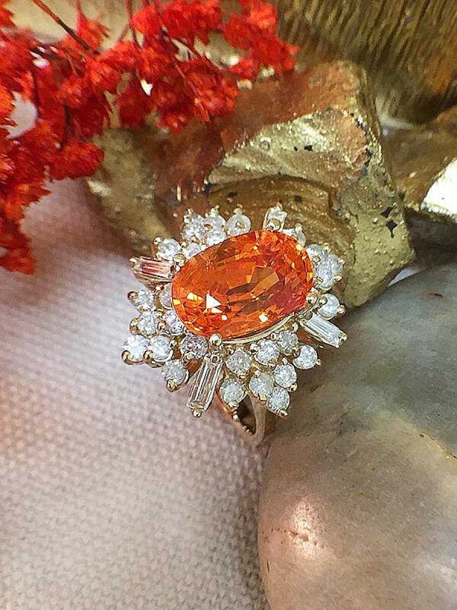 Stones & Gold Rings | 5.1Ct Mandarin Garnet Ring | 1.15Ct Diamonds | Solid Gold Ring