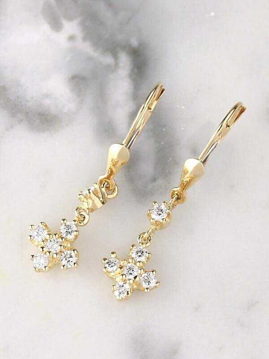 Stones & Gold Earrings | Diamond Cluster Solid 14 Karat Gold Dangle Leverback Earrings