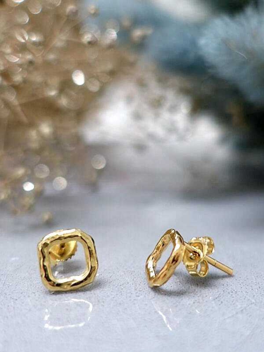 Stones & Gold Earrings | Hammered Squared Stud Earring