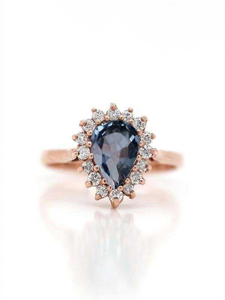 Stones & Gold Rings | Blue Ceylon Teardrop Sapphire Diamond Halo 14K Gold Ring