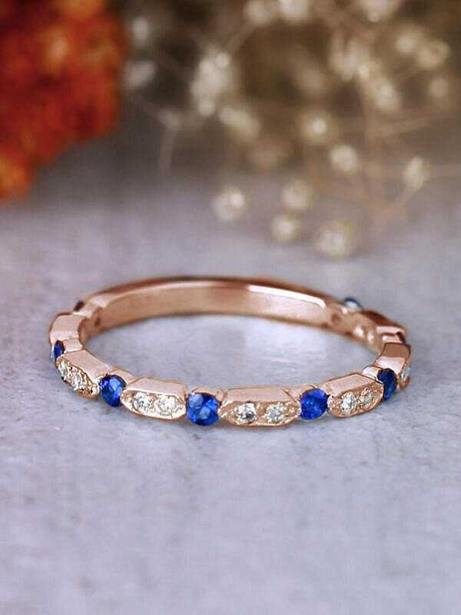 Stones & Gold Rings | 1.9Mm Blue Sapphire And Diamond Solid 14 Karat Gold Wedding Band