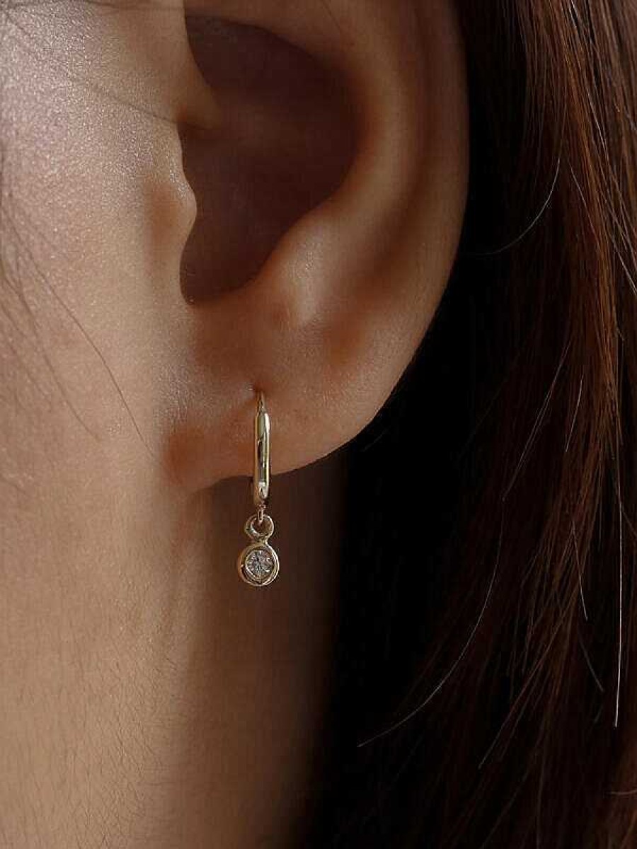 Stones & Gold Earrings | Petite Diamond Bezel Shaky Solid 14K Gold Huggie Earrings