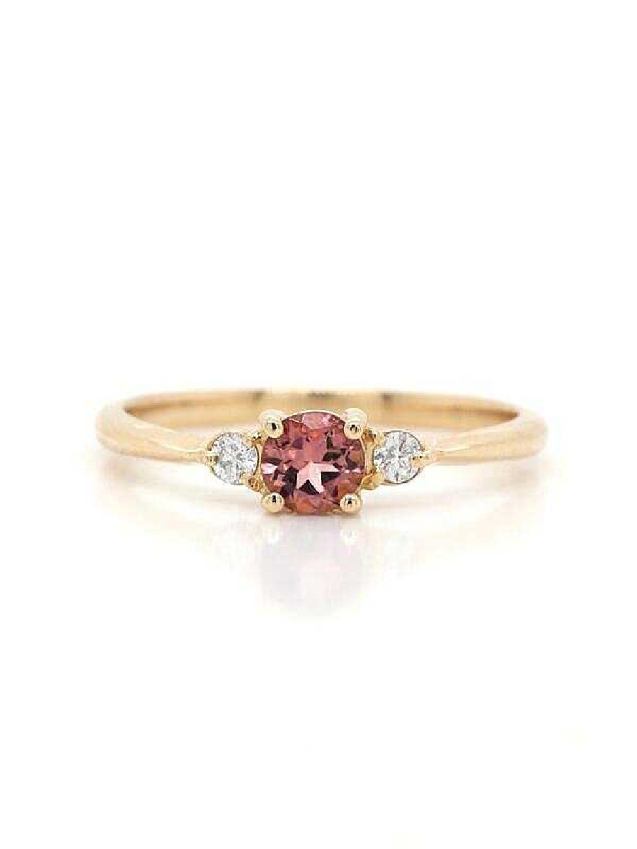 Stones & Gold Rings | 5X5Mm Pink Tourmaline And Diamond Engagement Solid Gold (14Kr) Colored Stone Wedding Ring