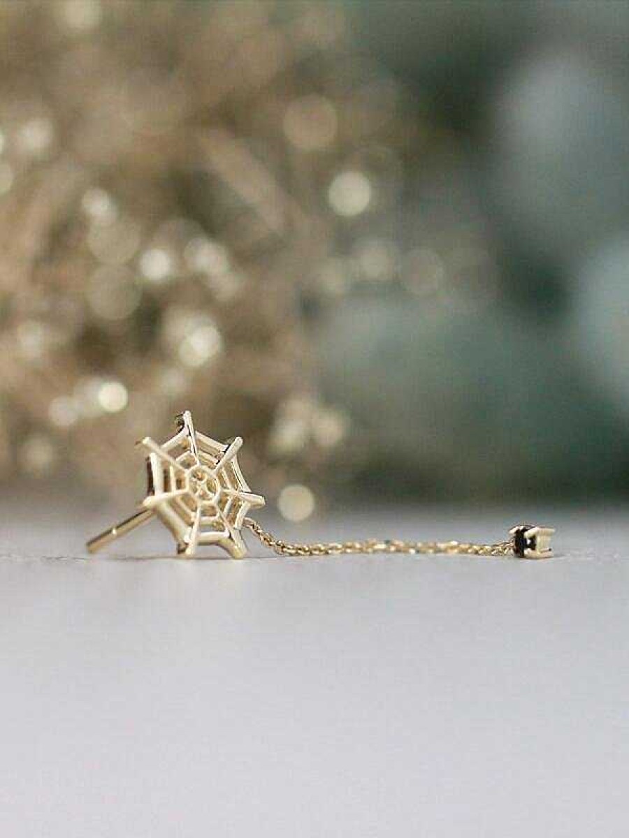 Stones & Gold Earrings | Black Diamond And Spider Web Solid 14 Karat Gold Chandelier Earrings