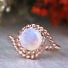 Stones & Gold Rings | Bohemian Vine Round Rainbow Moonstone Solid 14K Gold Engagement Ring