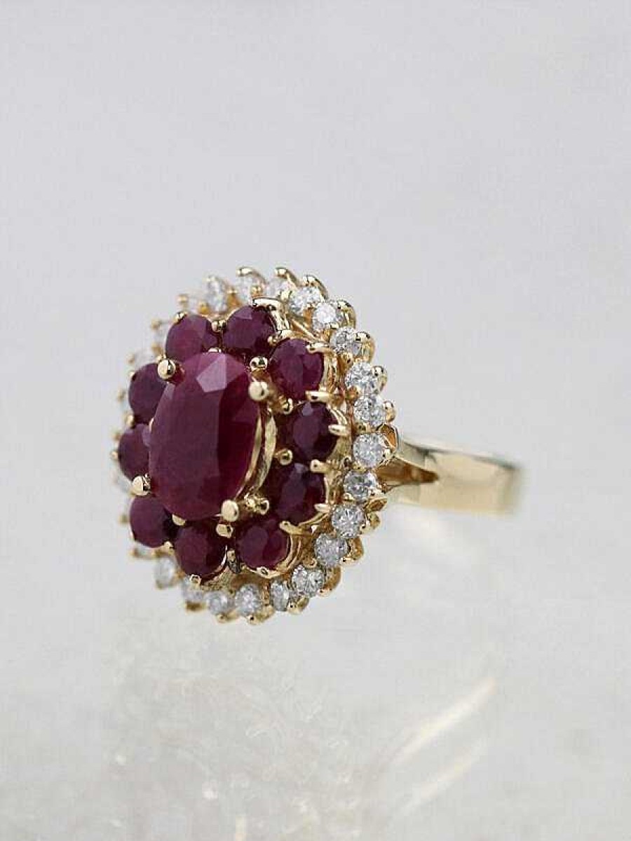 Stones & Gold Rings | 4.18Ct Natural Ruby And Diamond 14K Cluster Cocktail Ring