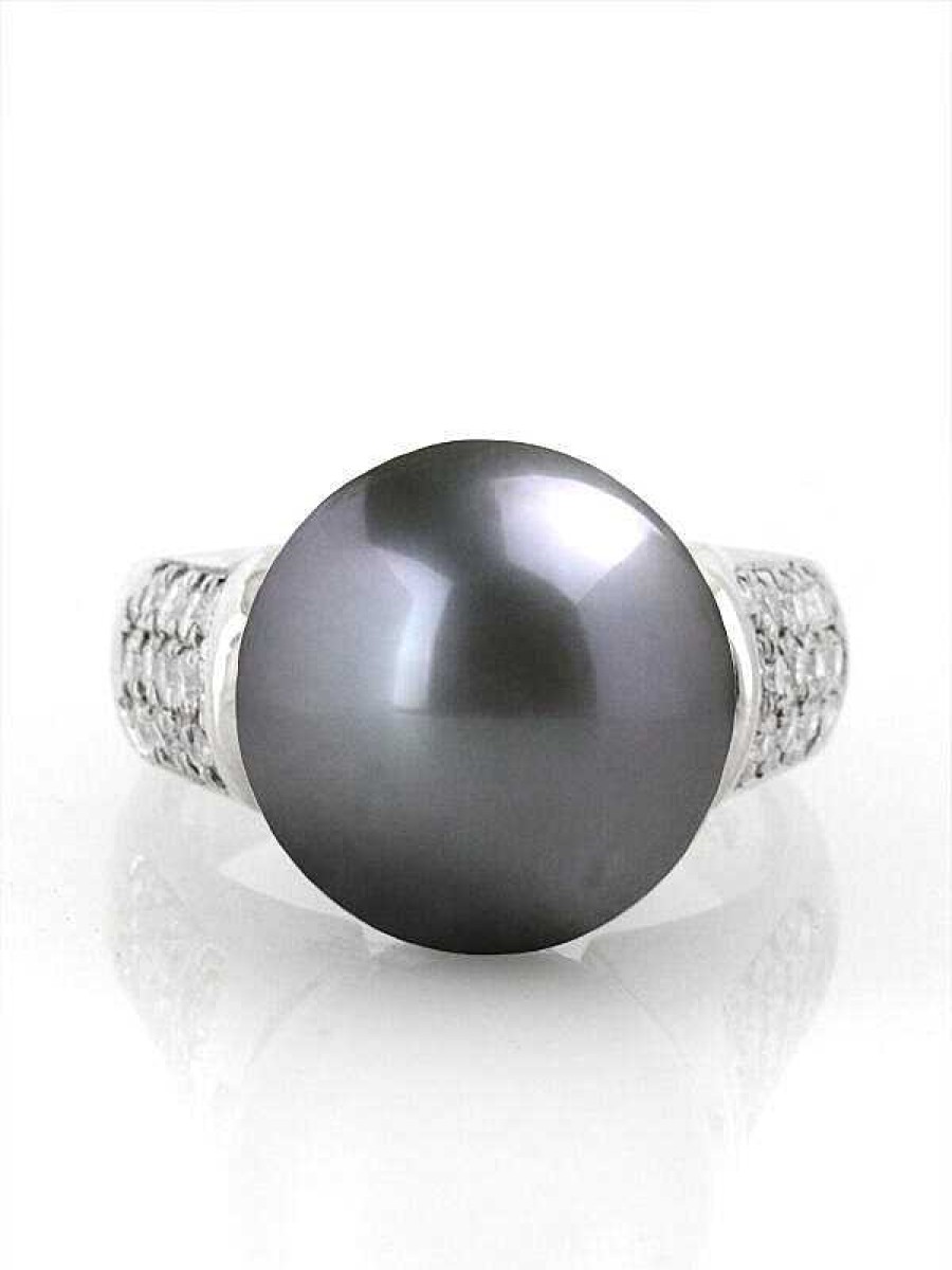 Stones & Gold Rings | 13Mm Tahitian Black Pearl Diamond Pave Solid 14 Karat Gold Cocktail Ring