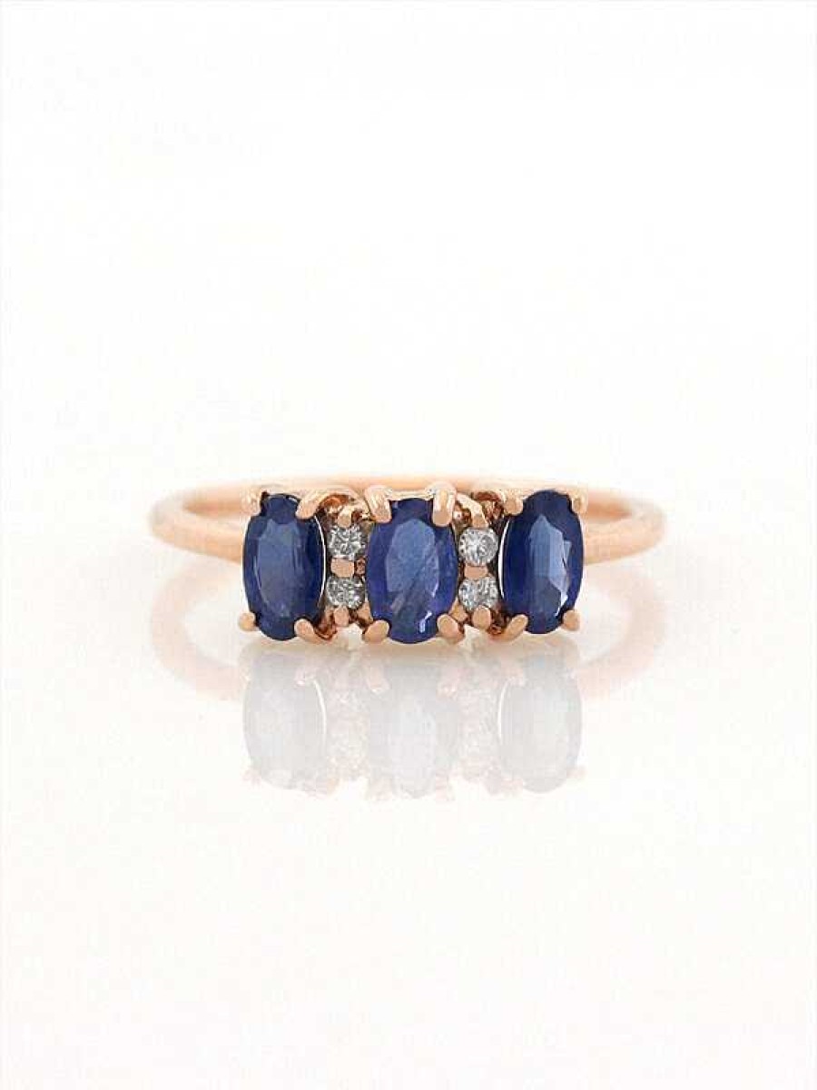 Stones & Gold Rings | 5X3Mm Oval Blue Sapphire Three Stone Solid 14 Karat Gold Ring