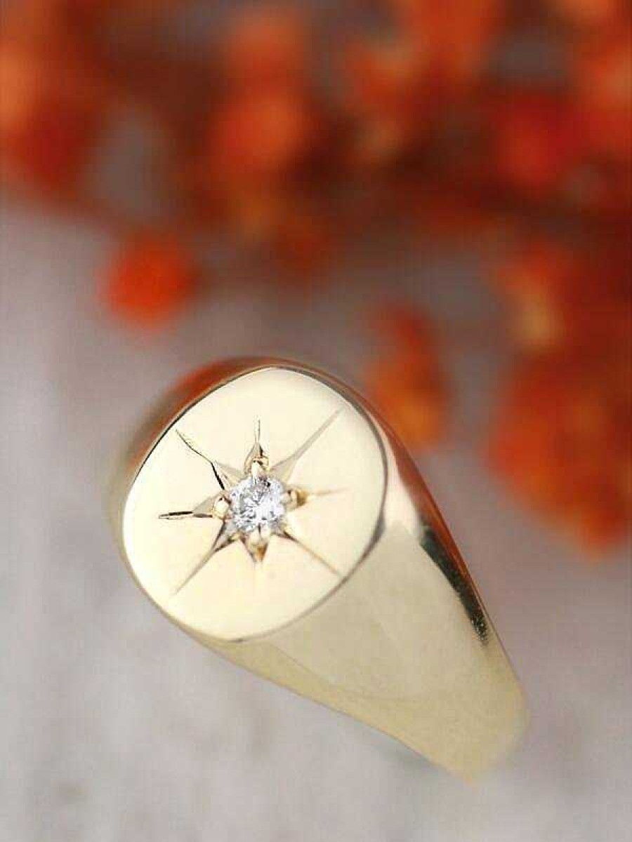 Stones & Gold Rings | Diamond Star Pinky Signet Solid 14 Karat Gold Ring