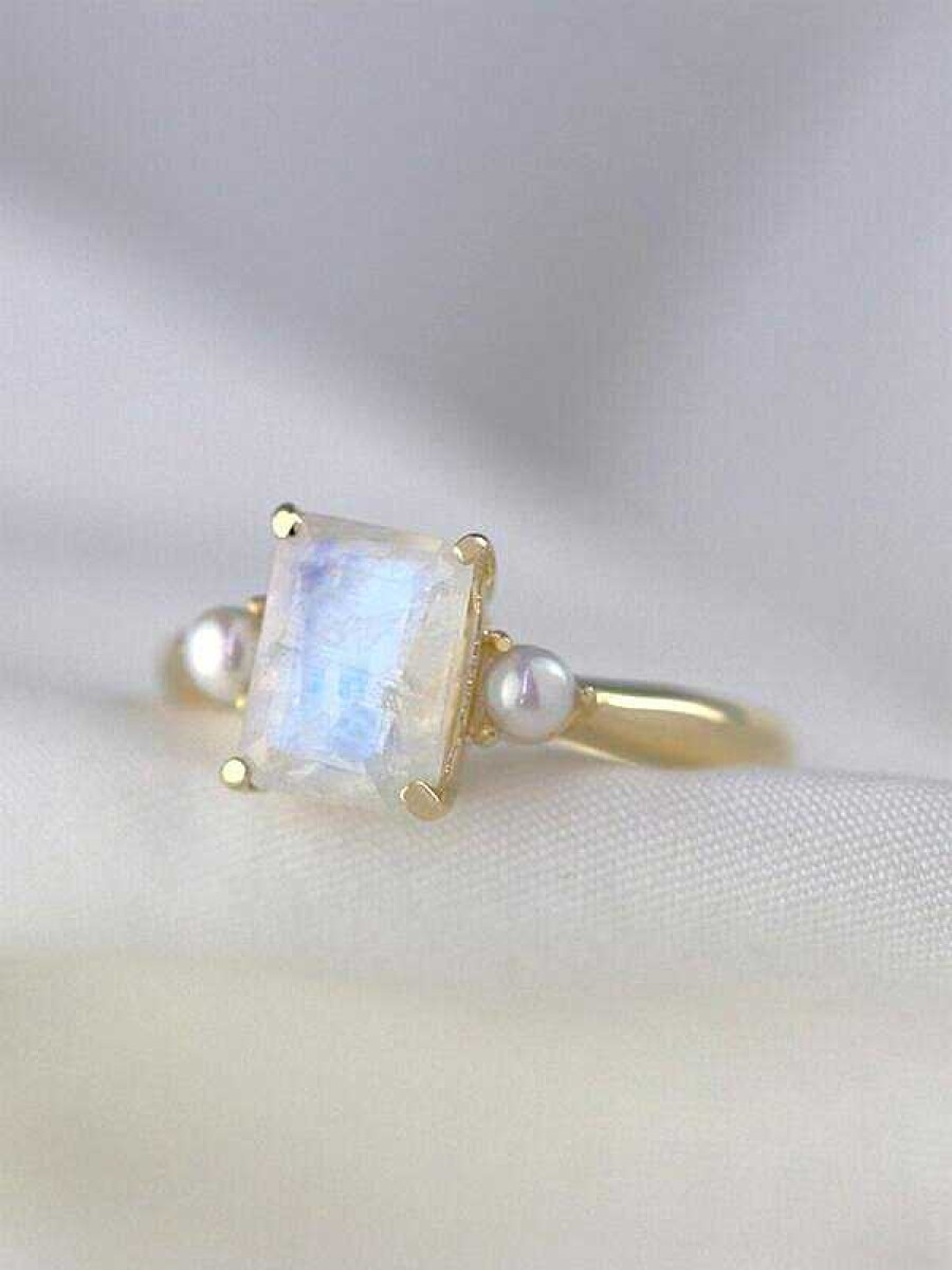 Stones & Gold Rings | 8X6Mm Emerald Cut Moonstone And Pearl Solid 14 Karat Gold Ring