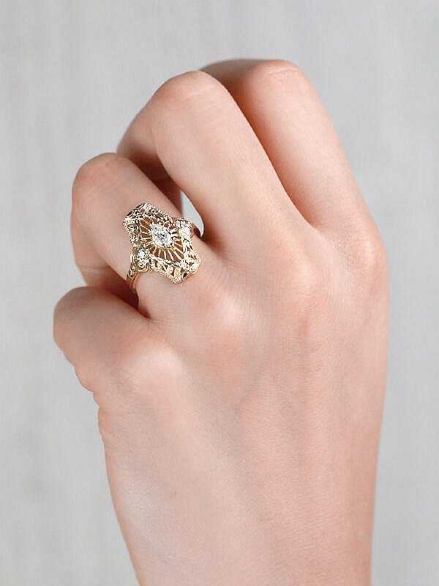 Stones & Gold Rings | 0.30Ct Natural Diamond Marquise Filigree Vintage Inspired Solid 14 Karat Gold Engagement Ring