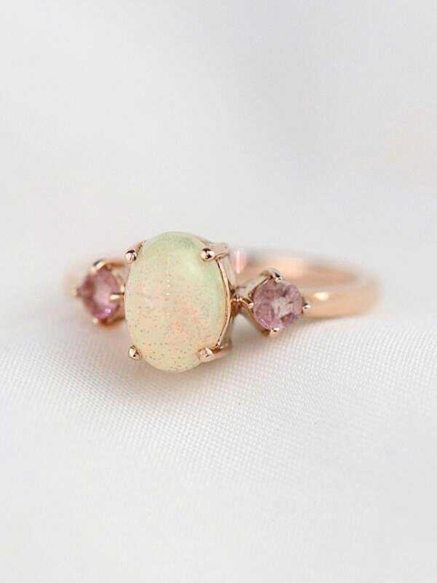 Stones & Gold Rings | 8X6Mm Natural Oval Opal With Blush Pink Tourmaline Solid 14 Karat Gold Three Stone Ring